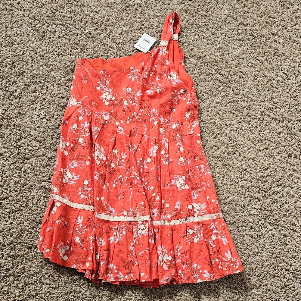 NWT Free People All Mine Mini Dress One Shoulder Floral Linen Blend Cherry Combo - Picture 7 of 10